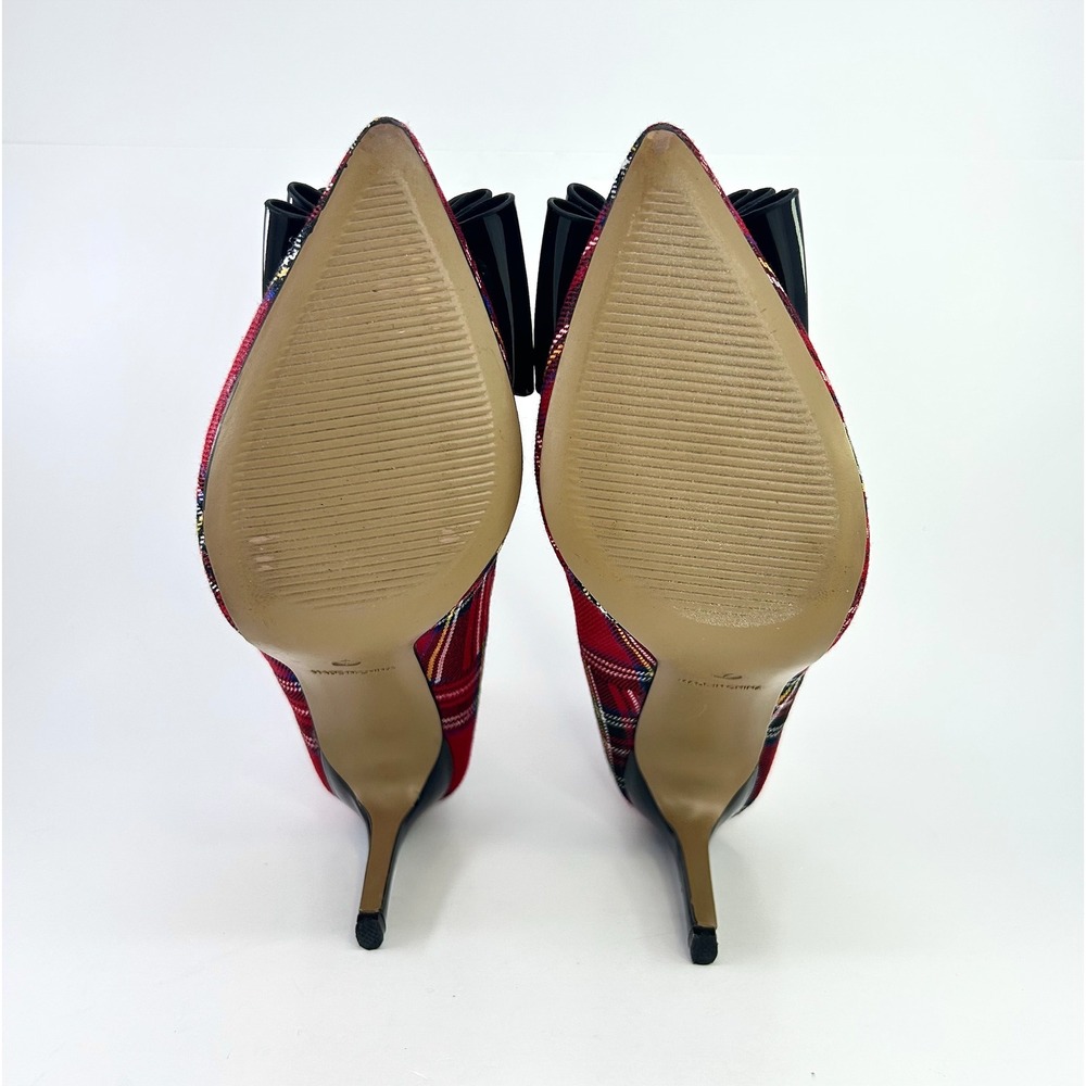 Betsey Johnson Bret Pumps 7 Red Tartan Plaid Black Bow Stiletto Cocktail Heels - Picture 11 of 12